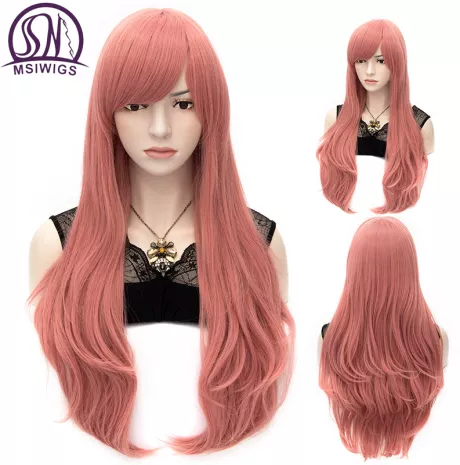 Msiwig peruca longa de onda natural, rosa, afroamericana para cosplay, cabelo sintético, resistente ao calor com franja lateral|Peruca sintética| - AliExpress