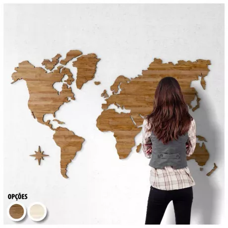 Mapa-Múndi Decorativo MDF - Madeira Média (Castanho)