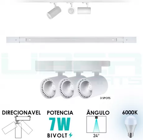 Kit Trilho Eletrificado 1M + 3 Spots LED 7W Branco Bf 6000K Bivolt