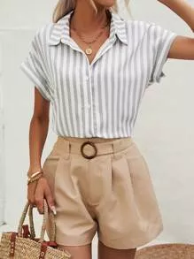 SHEIN Frenchy Camisa listrado manga de asa de morcego | SHEIN Brasil