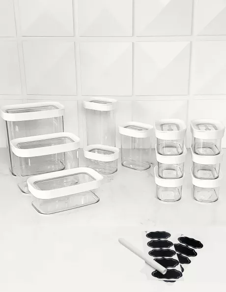 Super Kit 12 Pote Hermético Acrílico Transparente com Alta Vedação Empilhável Organiza Cozinha, Dispensa, Armário, Bancada para Alimento, Mantimentos, Macarrão, Arroz, Feijão + Caneta e Etiqueta