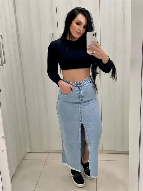 a.ming jeans Saia Longa Jeans com Abertura Frontal - Azul Claro