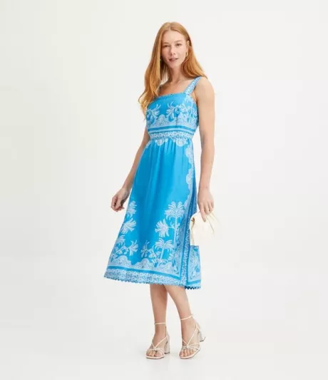 Vestido Midi em Viscolinho Estampa Azulejo Azul