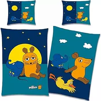 BERONAGE Die Sendung mit der Maus Kinder-Bettwäsche Night Blau 135 x 200 + 80 x 80 100% Baumwolle Renforcé-Linon-Qualität Sterne Ente Elefant Mond Wende-Bettwäsche