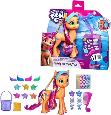 Hasbro Spielfigur My Little Pony, A New Generation - Regenbogenmähne Sunny Starscout, mit langen, pinkfarbenen Haaren und Sternschnuppen-Schönheitsfleck, Orangefarbenes Erdpony aus der Maretime Bucht; Größe ca. 15 cm