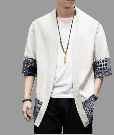 Quimono japonês solto masculino, cardigã de linho de algodão, manga 3/4, frente aberta, jaquetas casuais de verão