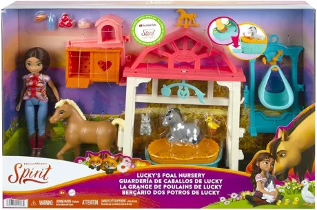 Dreamworks Spirit HCH37 - Luckys Tierbaby-Pflegestation, Pony & Fohlen, Puppe Lucky (18 cm), Pflegebereich, Waage, Mobile, Wiege, Häschenkiste, 4 Tierfiguren, tolles Geschenk für Kinder ab 3 Jahren: Amazon.de: Spielzeug