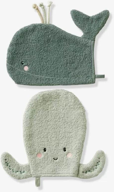 Vertbaudet 2er-Set Baby Waschhandschuhe OZEAN Oeko Tex in blau