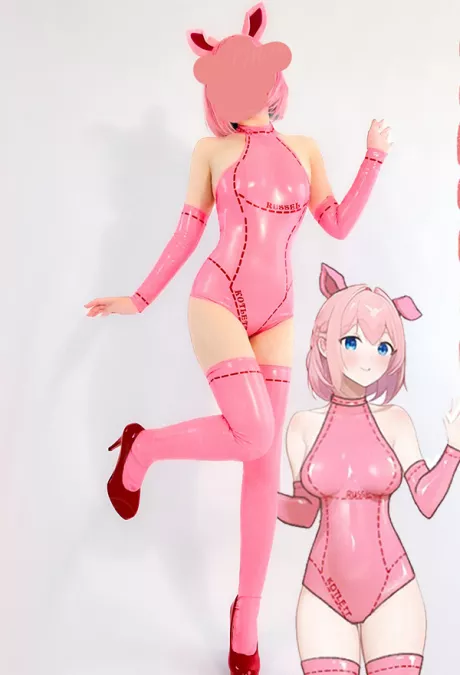 Cute Pig Sexy Lingerie Set Kawaii Pink Halter Bodysuit and Sleeves