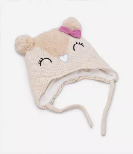 Gorro Infantil Tapa Orelha com Carinha Bordada e Orelhinhas Bege - Renner