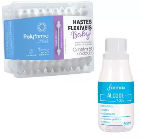 Kit Higiene Umbigo Bebê Recém Nascido Hastes E Álcool 70% | Parcelamento sem juros