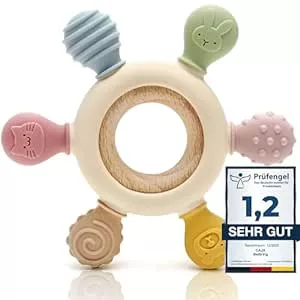 CAJA Beißring Baby - Beißspielzeug - Zahnungshilfe - Beissring - Ruder Tiermotiv aus Silikon und Holz, BPA-frei - Zahnen und Greifling Nursing für Babys (complexion) : Amazon.de: Baby