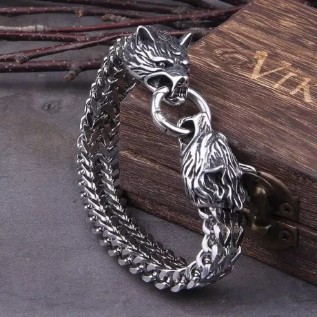 Viking Wolf Bracelet - Norse Mythology Double Wolf Head Wristband