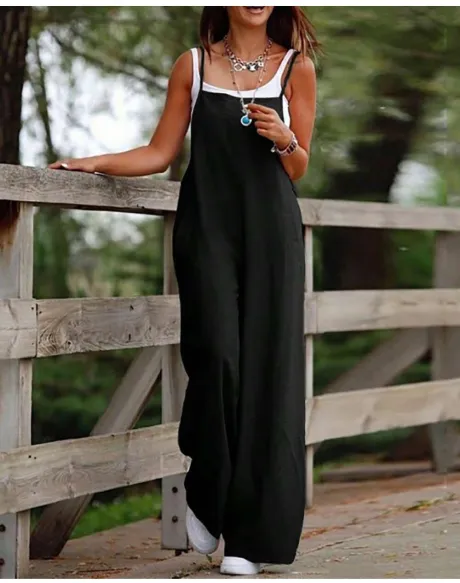 Macacão longo casual feminino com bolsos. R$89,00