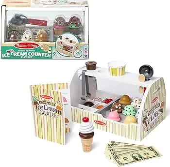 Melissa & Doug Wooden Ice Cream Counter, 28 Pieces, for Children Aged 3 Years and up, for Role-Playing Portioning & Serving 8 Types of Ice Cream in Cones or Sundaes, Play Money Included: Amazon.de: Toys