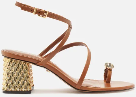 Sandália Marrom Couro Salto Bloco Textura Metal | ZZ MALL