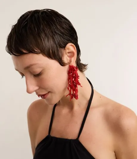 Maxi Brinco com Franjinhas de Miçanga Flores Vermelho